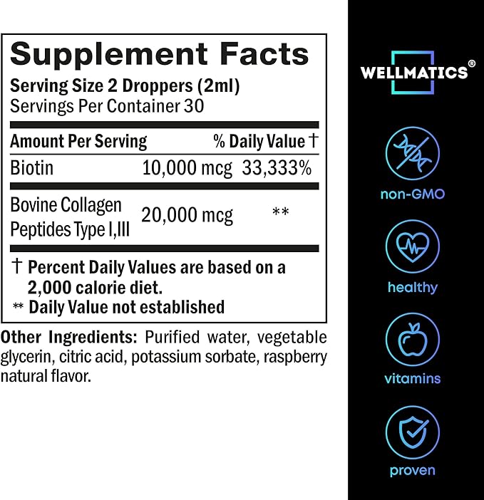 Liquid Collagen & Biotin Drops - 30000mcg Biotin, Collagen Boost for Women & Men - Collagen Peptides (Type I, III) & Biotin Oil for Hair, Skin & Nails - Natural Hair Growth Complex - 2 fl oz