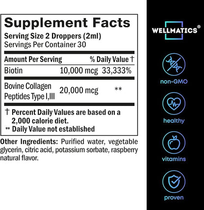 Liquid Collagen & Biotin Drops - 30000mcg Biotin, Collagen Boost for Women & Men - Collagen Peptides (Type I, III) & Biotin Oil for Hair, Skin & Nails - Natural Hair Growth Complex - 2 fl oz