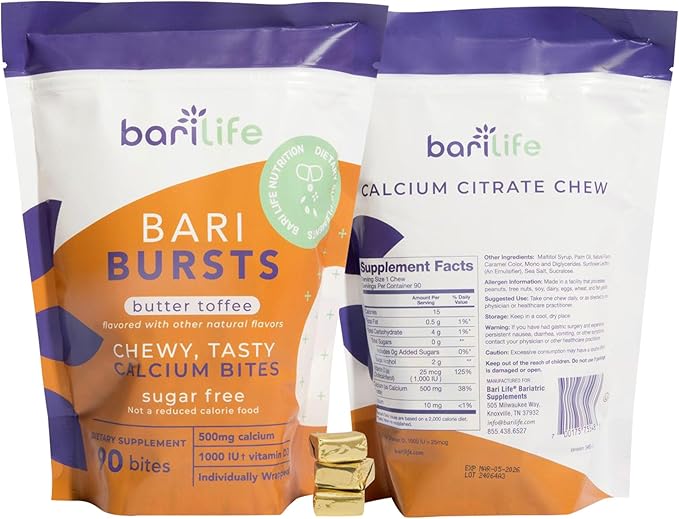 Bari Life Calcium Citrate Bariatric Calcium Chews with 1000 IU Vitamin D3 - Ideal for Bariatric Patients - BariBurst (Butter Toffee)