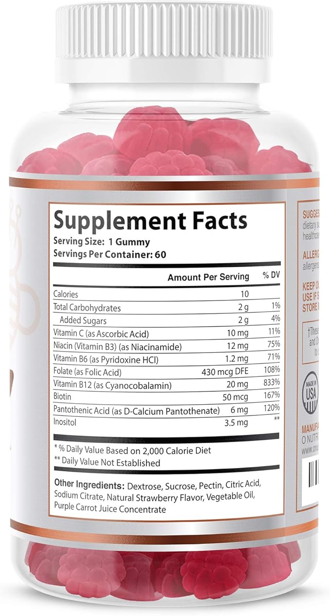 O NUTRITIONS Vitamin B Complex Vegan Gummies with Vitamin B12, B7 as Biotin, B6, B3 as Niacin, B5, B6, B8, B9 as Folate for Stress, Energy and Healthy Immune System (1 Pack)
