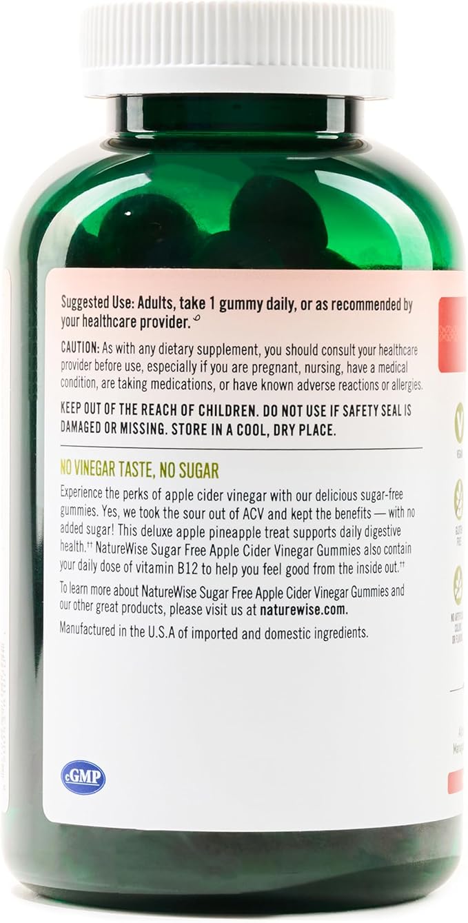 NatureWise Apple Cider Vinegar ACV Gummies - 1000mg ACV per 2, Sugar Free, Vegan - Energy & Gut Health - ACV Gummies W/Vitamin B12-180 Gummies[3-Month Supply for 1000mg / 6-Month Supply for 500mg]