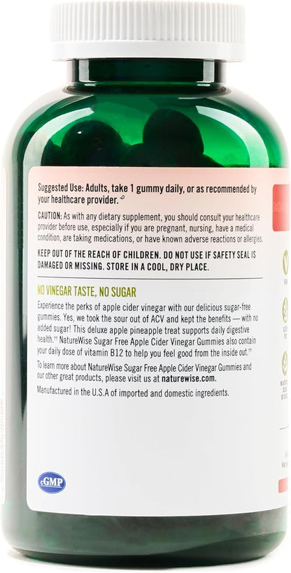 NatureWise Apple Cider Vinegar ACV Gummies - 1000mg ACV per 2, Sugar Free, Vegan - Energy & Gut Health - ACV Gummies W/Vitamin B12-180 Gummies[3-Month Supply for 1000mg / 6-Month Supply for 500mg]