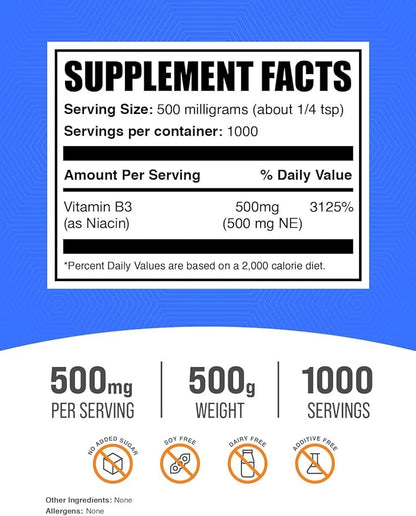BulkSupplements.com Niacin Powder - Vitamin B3 Supplement, Niacin 500mg - Niacin Flush, Niacin with Flushing - Gluten Free, 500mg of Niacin per Serving, 500g (1.1 lbs) (Pack of 1)