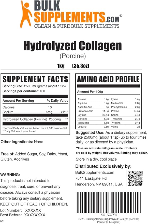 BulkSupplements.com Porcine Collagen Powder - Hydrolyzed Collagen Powder, Collagen Supplement, Collagen Peptides Powder - Collagen Protein Powder, Gluten Free, 2500mg per Serving, 5kg (11 lbs)
