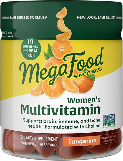 MegaFood Women's Multi - Multivitamin for Women - Gummy Vitamins - Vitamin C, Vitamin D, Zinc, Vitamin B12 & Choline - Immune Support & Bone Health - Vegetarian - Tangerine - 60 Gummies (30 Servings)
