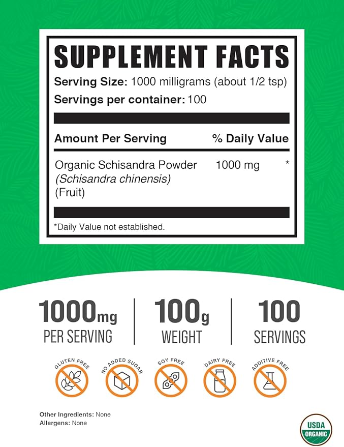 BulkSupplements.com Organic Schisandra Extract Powder - Schisandra Supplement, from Schisandra Berries - Herbal Supplement, Gluten Free - 1000mg per Serving, 100g (3.5 oz) (Pack of 1)