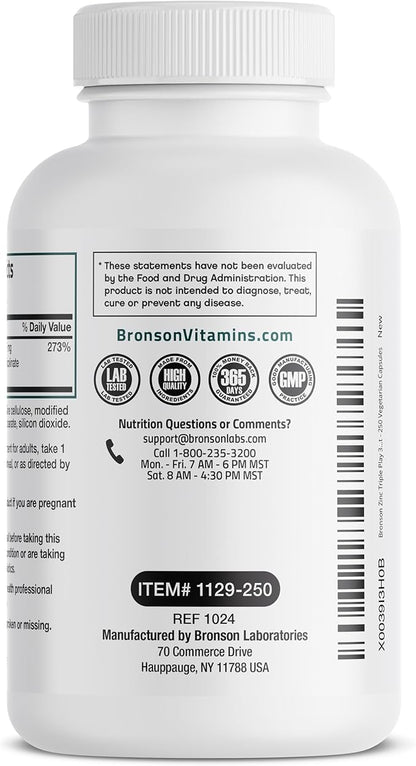 Bronson Zinc Triple Play 30 mg Triple Coverage Immune Support Zinc Supplement with Zinc Acetate, Picolinate & Orotate - Immune, Antioxidant & Skin Health Support - 250 Vegetarian Capsules