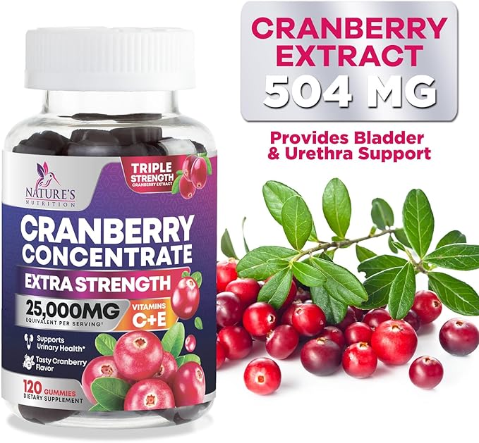 Cranberry Gummies - Urinary Tract Health Gummy + Vitamin C - 25,000mg - Triple Strength Cranberry Concentrate Extract Supplement Pills, Ultimate Potency, Non-GMO, Gluten Free - 120 Gummies