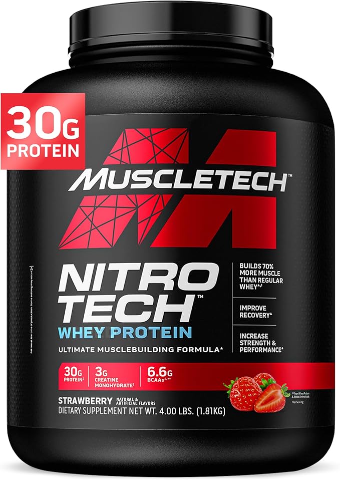 Muscletech Whey Protein Powder (Strawberry, 4 Pound) - Nitro-Tech Muscle Building Formula with Whey Protein Isolate & Peptides - 30g of Protein, 3g of Creatine & 6.6g of BCAA