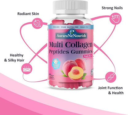 Multi Collagen Peptides Gummies, Sugar Free Hydrolyzed 5000mg Protein丨Type I,II,III,V,X with Biotin Hyaluronic Acid Vitamin C A D B6 B12 L-Glutathione for Skin Hair Nail Joint Bone -Peach Gummies