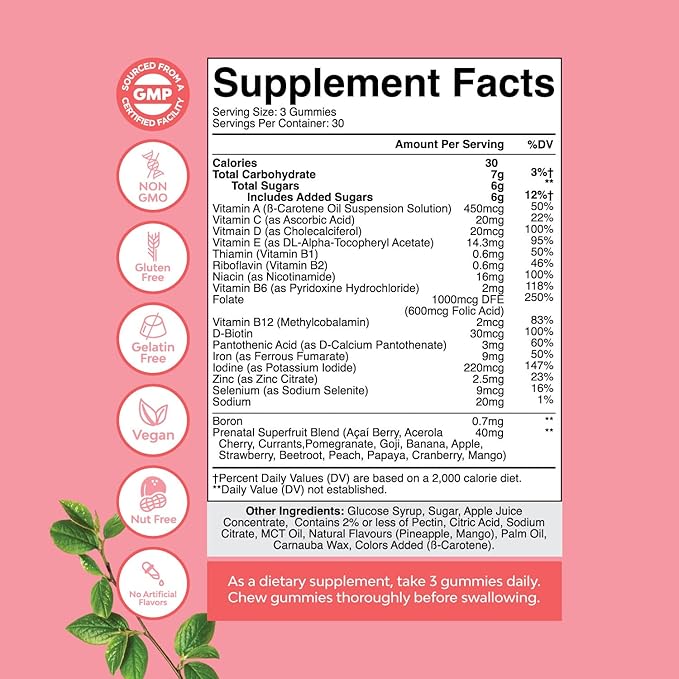 Vegan Prenatal Gummies for Women - Gummy Prenatal Vitamins for Women with Iron Folic Acid and Superfruit Blend - Chewable Prenatal Vitamins for Women Gummy Formula (Pineapple Mango) - 2 Months