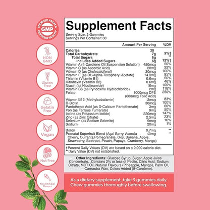 Vegan Prenatal Gummies for Women - Gummy Prenatal Vitamins for Women with Iron Folic Acid and Superfruit Blend - Chewable Prenatal Vitamins for Women Gummy Formula (Pineapple Mango) - 2 Months