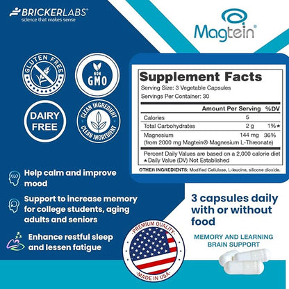 Magtein Magnesium l Threonate, Magnesium Supplement for Memory and Learning Brain Support, Focus Supplement and Brain Health Supplement