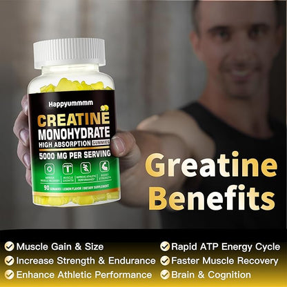 Creatine Monohydrate Gummies 5g for Men Women - Sugar Free Chewable Supplement. 90 Gummies Lemon.