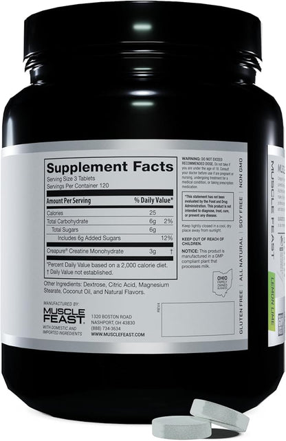 Muscle Feast Vegan Creatine Monohydrate, Gluten-Free Creapure Chews, Lemon Lime, 360 Tabs