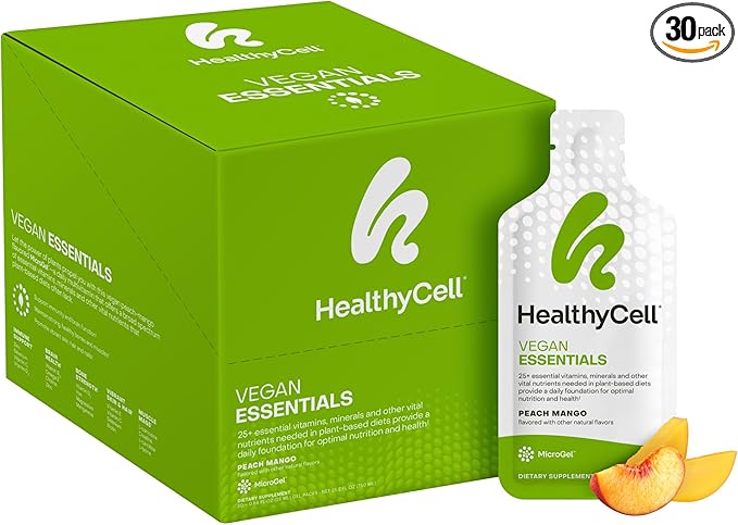 Healthycell Vegan Essentials - Liquid Multivitamin Supplement for Brain, Heart, Immunity, Energy, Skin and Hair Support - Vegan Multivitamin for Women & Men - Maximum Absorption - 30 Gel Packs