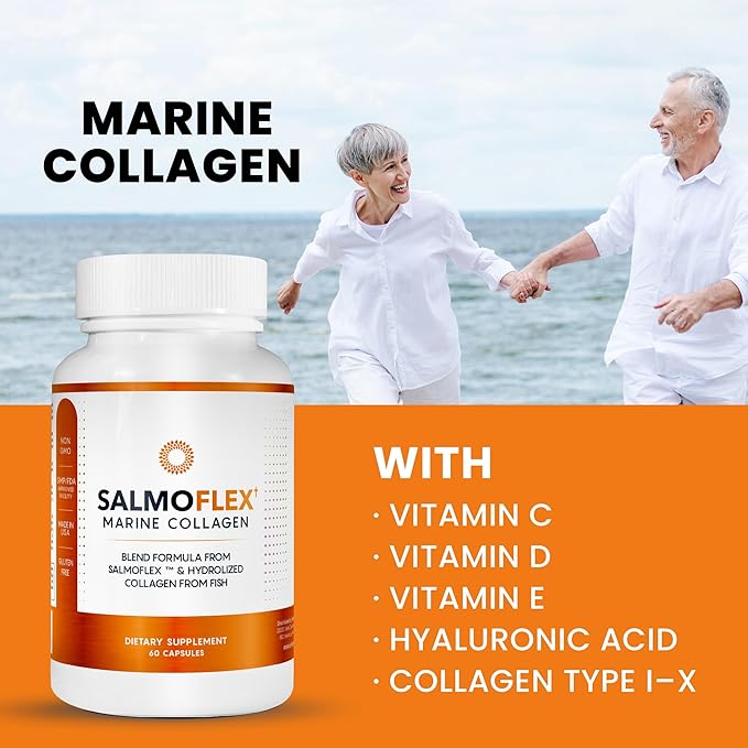 Salmoflex Marine Collagen Peptides Pills W/Hyaluronic Acid, Vitamin C, D, E | Salmon Supplements - Hair, Skin, Nails | Multivitamin for Women & Men | Knee, Joint Relief - 60 Capsules
