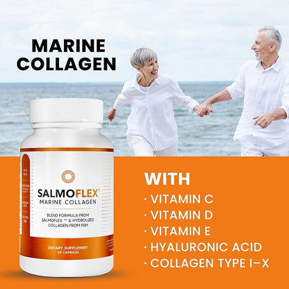 Salmoflex Marine Collagen Peptides Pills W/Hyaluronic Acid, Vitamin C, D, E | Salmon Supplements - Hair, Skin, Nails | Multivitamin for Women & Men | Knee, Joint Relief - 60 Capsules