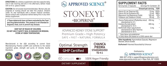 Approved Science Stonexyl - Herbal Support for Kidney Stones - 180 Capsules - Chanca Piedra - High Absorption - 3 Month Supply - Vegan