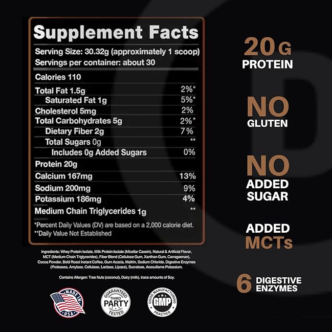 Devotion Nutrition Protein Powder Blend | Gluten Free, Keto Friendly, No Added Sugars | 1g MCT | 20g Whey & Micellar Protein | 2lb Tub (Mocha Java Chip)