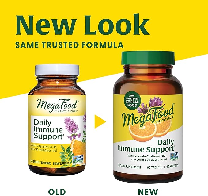 MegaFood Daily Immune Support - Immune Support Supplement with Vitamin C, Vitamin D, Zinc, Astragalus Root, and More - Vitamins for Women & Men - Non-GMO - Made Without 9 Food Allergens - 60 Tabs