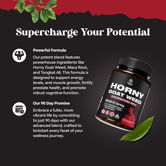 Horny Goat Weed for Male Enhancement - Extra Strength Horny Goat Weed for Men 1000mg Complex with Tongkat Ali Saw Palmetto Extract Panax Ginseng and Black Maca Root for Stamina & Energy - 90 Servings