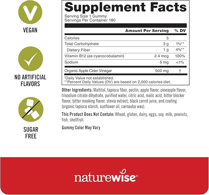 NatureWise Apple Cider Vinegar ACV Gummies - 1000mg ACV per 2, Sugar Free, Vegan - Energy & Gut Health - ACV Gummies W/Vitamin B12-180 Gummies[3-Month Supply for 1000mg / 6-Month Supply for 500mg]