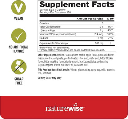 NatureWise Apple Cider Vinegar ACV Gummies - 1000mg ACV per 2, Sugar Free, Vegan - Energy & Gut Health - ACV Gummies W/Vitamin B12-180 Gummies[3-Month Supply for 1000mg / 6-Month Supply for 500mg]