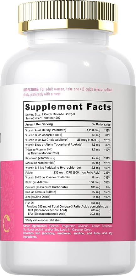 Carlyle Multivitamin for Women | 200 Softgels | with Iron | Nutritional Support Supplement | Non-GMO & Gluten Free