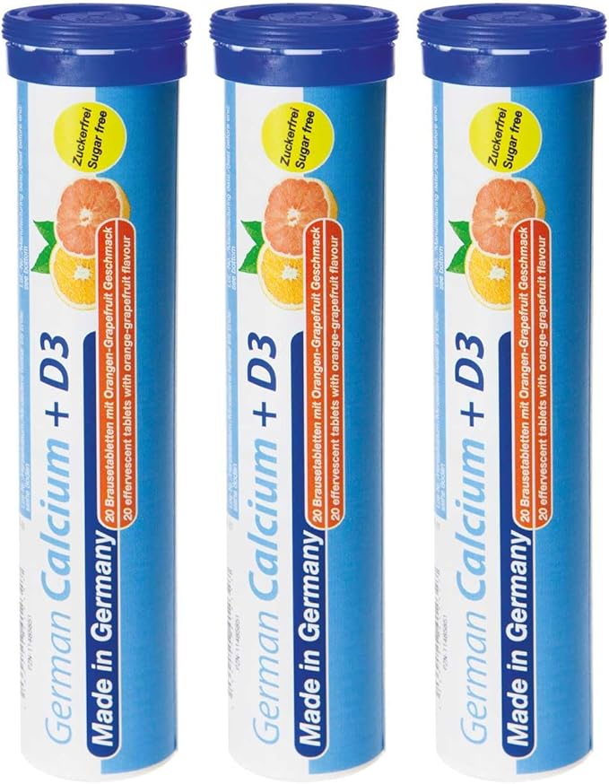 German Calcium + Vitamin D Drink Effervescent Tablets 60 Servings Orange-Grapefruit Flavour - 500 mg Calcium, 2,5 μg Vitamin D3 - T&D Pharma – Made in Germany