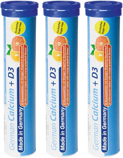 German Calcium + Vitamin D Drink Effervescent Tablets 60 Servings Orange-Grapefruit Flavour - 500 mg Calcium, 2,5 μg Vitamin D3 - T&D Pharma – Made in Germany