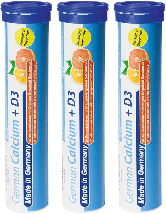 German Calcium + Vitamin D Drink Effervescent Tablets 60 Servings Orange-Grapefruit Flavour - 500 mg Calcium, 2,5 μg Vitamin D3 - T&D Pharma – Made in Germany