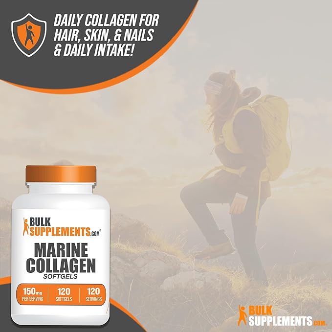 BulkSupplements.com Marine Collagen Softgels - Collagen Supplement, Collagen for Women & Men, 150mg of Collagen - Gluten Free, 1 Softgel per Serving, 120 Count (Pack of 1)