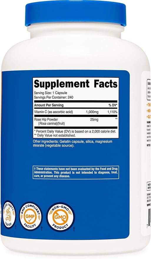 Nutricost Vitamin C with Rose HIPS 1025mg, 240 Capsules (3 Bottles) - Premium Non-GMO, Gluten Free Vitamin C Supplement