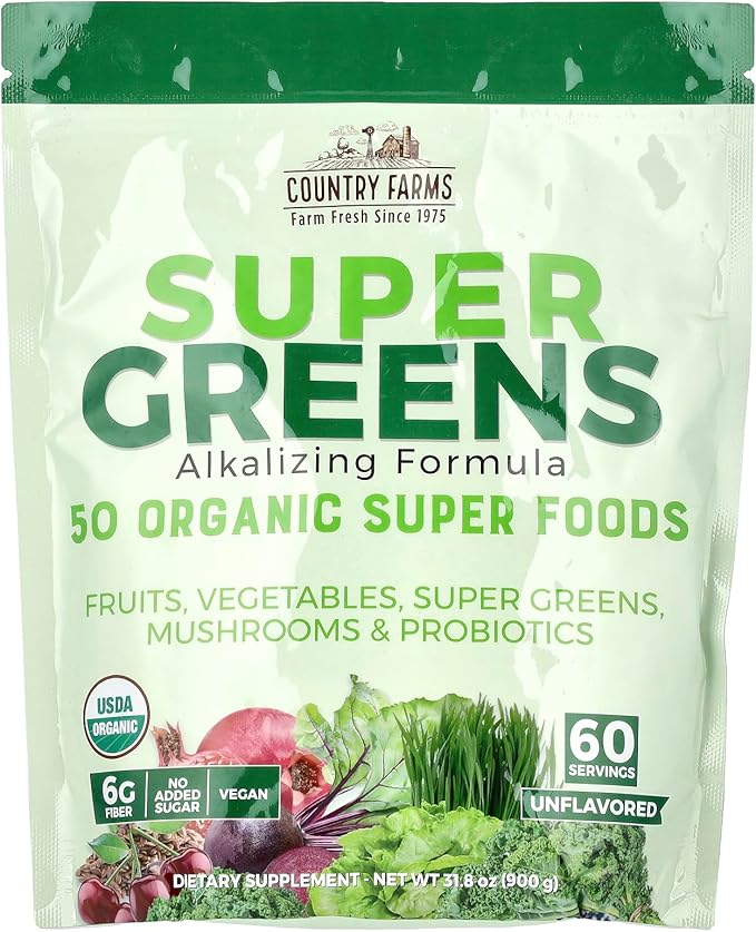 COUNTRY FARMS Super Greens Natural Flavor, 50 Organic Super Foods, USDA Organic Drink Mix, Fruits, Vegetables, Super Greens, with Fiber, Mushrooms & Probiotics, Supports Energy, 60 Servings, 900g