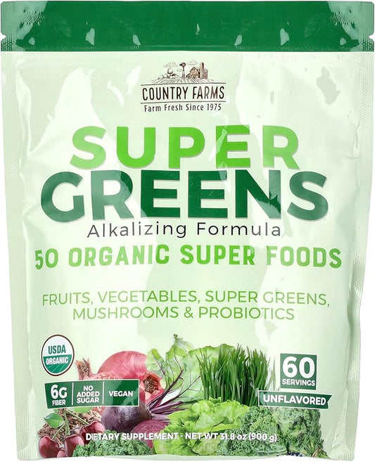 COUNTRY FARMS Super Greens Natural Flavor, 50 Organic Super Foods, USDA Organic Drink Mix, Fruits, Vegetables, Super Greens, with Fiber, Mushrooms & Probiotics, Supports Energy, 60 Servings, 900g