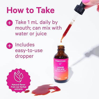Pink Stork Liquid Folate: Whole-Food Vitamin B9 from Lemon Peels, Natural Folic Acid with Vitamin C, Liquid Prenatal Vitamins for Women, Pregnancy Must Haves, Women-Owned, 2 oz