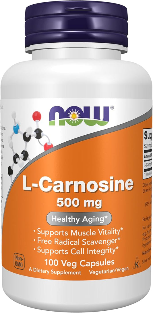 NOW Foods Supplements, L-Carnosine (Beta-Alanyl-L-Histidine) 500 mg, Healthy Aging, 100 Veg Capsules