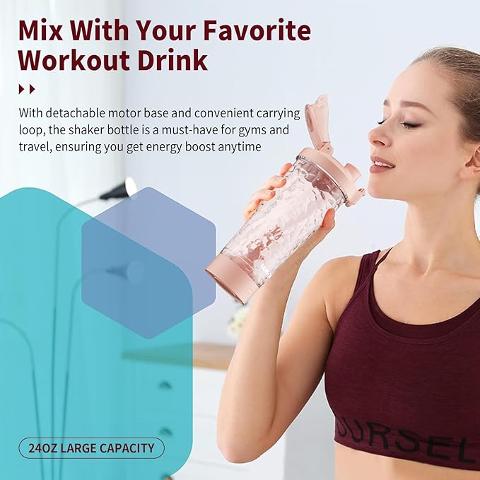 Electric Protein Shaker Bottle, 24oz Lockable Electric Blender Cup, Tritan USB Rechargeable Protein Shake Mixer, Blender Shaker Cups for Protein Shakes, Pink