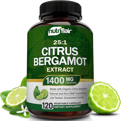 NutriFlair Organic Citrus Bergamot 1400mg, 120 Capsules - 25:1 Citrus Bergamia - Essential Oil and Citrus Bioflavonoids - Natural Heart Health Supplements for Women and Men - Non-GMO Pills