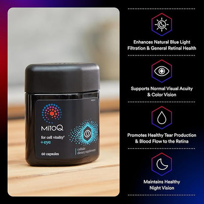 MitoQ +Eye Advanced CoQ10 Antioxidant - Contains Mitoquinol Mesylate, Lutein, Zeaxanthin, Bilberry, Maritime Pine Bark - Supports Eye Health, Blue Light Filtration & Cell Vitality (60 Capsules)