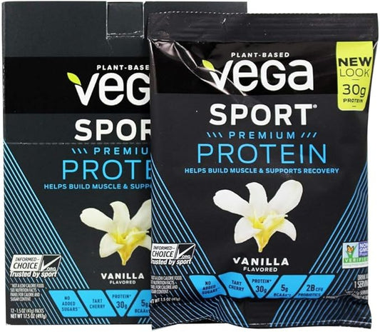 Vega Sport Premium Vegan Protein Powder, Vanilla - 30g Plant Based Protein, 5g BCAAs, Low Carb, Keto, Dairy Free, Gluten Free, Non GMO, Pea Protein for Adults, 12 x 1.6 oz Sachets (Packaging May Vary)
