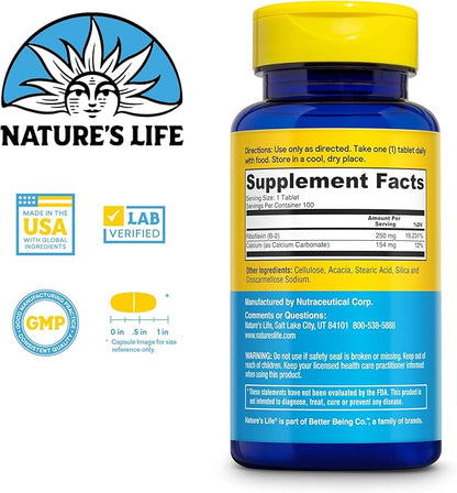 Natures Life Vitamin B-2 250 mg - Vitamin B2 Energy Pills for Metabolism Support - High-Potency Riboflavin Plus Calcium Supplement - One Per Day - 100 Servings, 100 Tablets