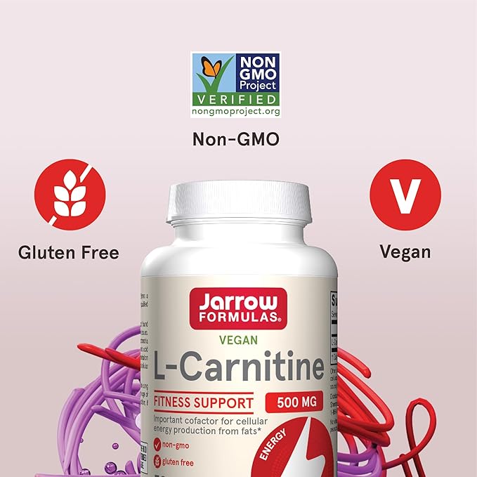 Jarrow Formulas L-Carnitine 500 mg, Dietary Supplement, Support for Cellular Energy Production, 50 Veggie Capsules, 50 Day Supply