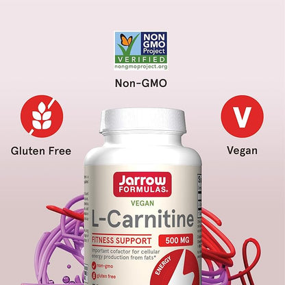 Jarrow Formulas L-Carnitine 500 mg, Dietary Supplement, Support for Cellular Energy Production, 50 Veggie Capsules, 50 Day Supply
