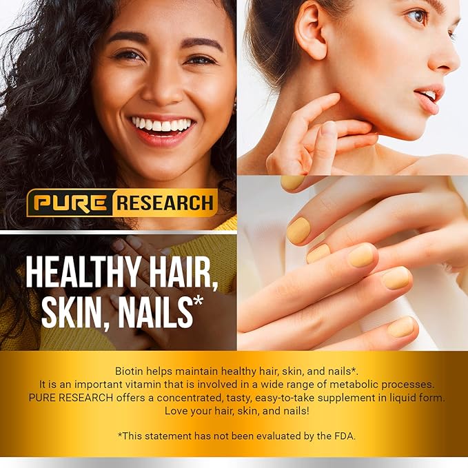 PURE RESEARCH Liquid Biotin & Collagen Hair Growth Drops 60,000mcg - Biotin and Liquid Collagen Supplement for Men & Women - Glowing Skin Support, Healthy Hair & Nail Growth - 2oz