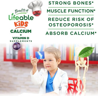 Lifeable Kids Calcium Gummies with Vitamin D3 | 500 mg Calcium with Vitamin D3 1000 IU | Great Tasting Calcium Supplement for Kids | for Bone Health and Teeth Growth | 60 Gummies