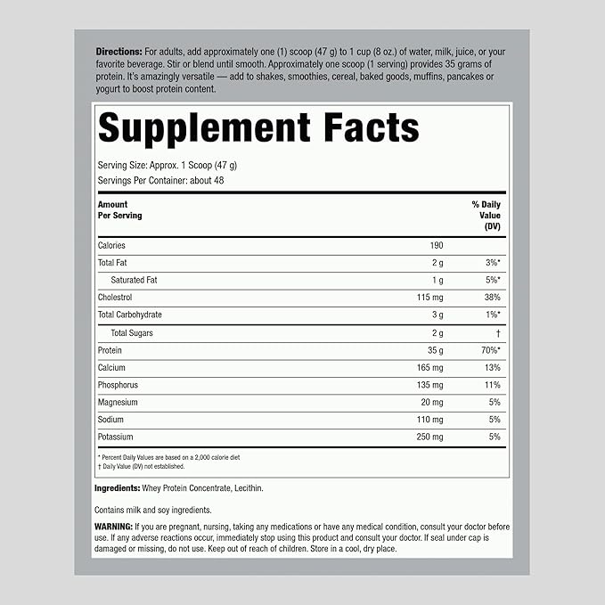 Fitness Labs Whey Protein Powder | 5 Lbs | 35g Protein | Unflavored | Easy Mixing Supplement | Non-GMO, Gluten Free