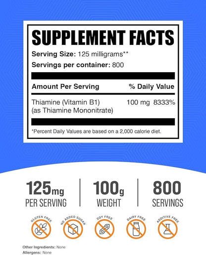 BulkSupplements.com Thiamine Mononitrate Powder - Vitamin B1 Powder, Thiamine B1 Supplement - B1 Vitamins, Gluten Free, 125mg per Serving, 100g (3.5 oz) (Pack of 1)