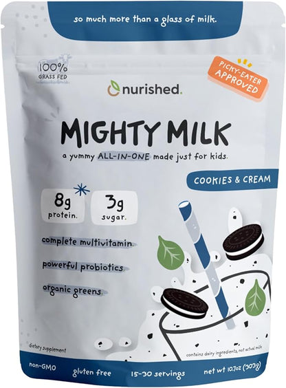 Cookies & Cream Mighty Milk - Kids All-in-One Daily Protein Powder & Multivitamin with Probiotics & Organic Spinach - Natural Flavors, Colors & Sweeteners - 15-30 Servings